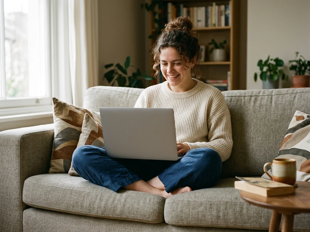 A person using a laptop on a couch at home